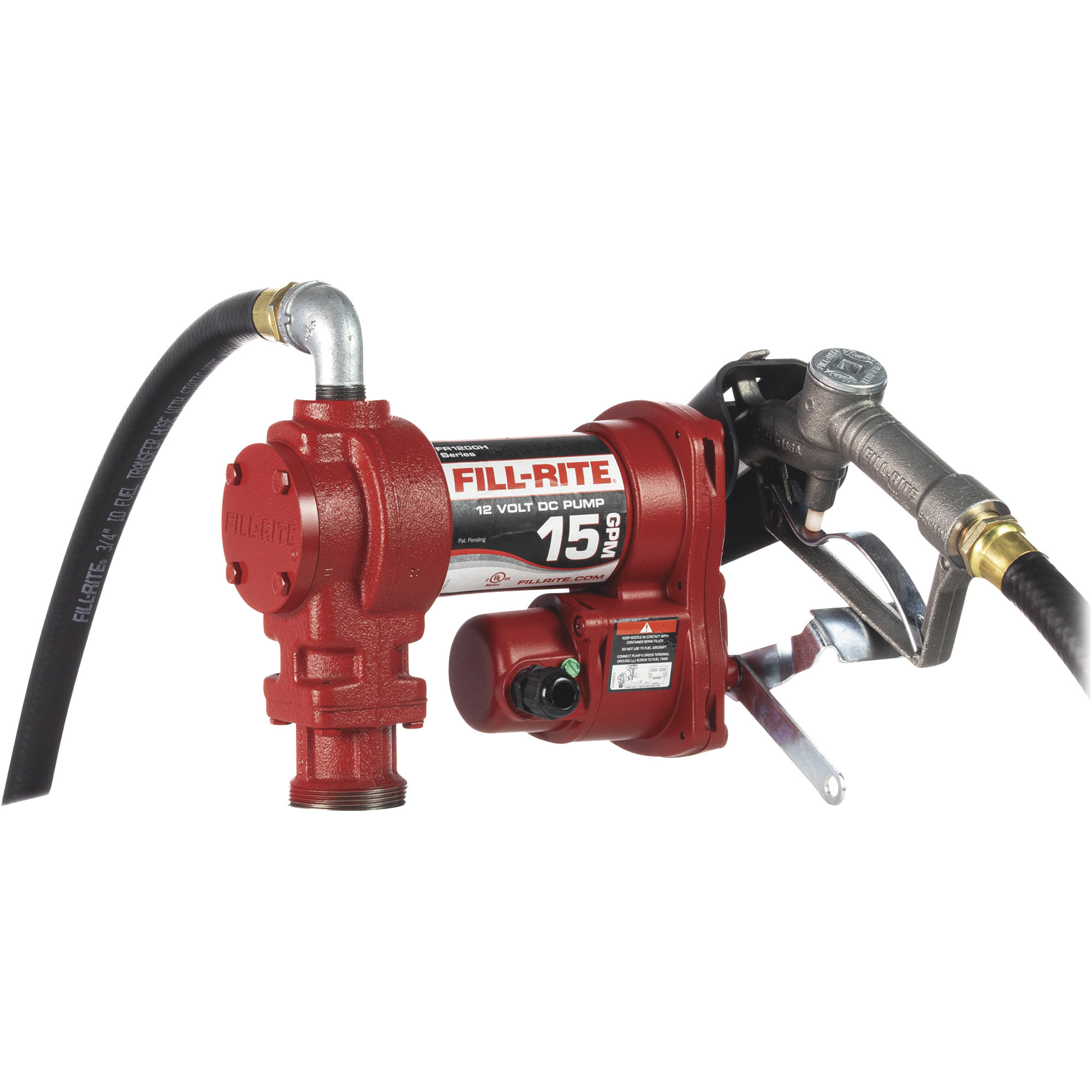 Fill-Rite 12V DC Fuel Transfer Pump Kit, 15 GPM, 3/4in. Manual Nozzle, 3/4in. x 12ft. Hose, Model# FR1210H